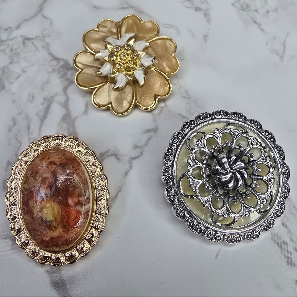 Vintage West Germany Scarf Clips Set of 3 Flower Filigree Fragonard MCM